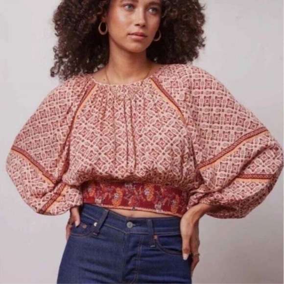 Patrons of Peace Adobe Tile Print Smocked Crop Balloon Sleeve Top - Picture 2 of 4